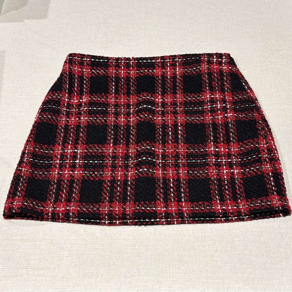 🍒 LOFT Red and Black Plaid Tweed Mini Skirt size 8